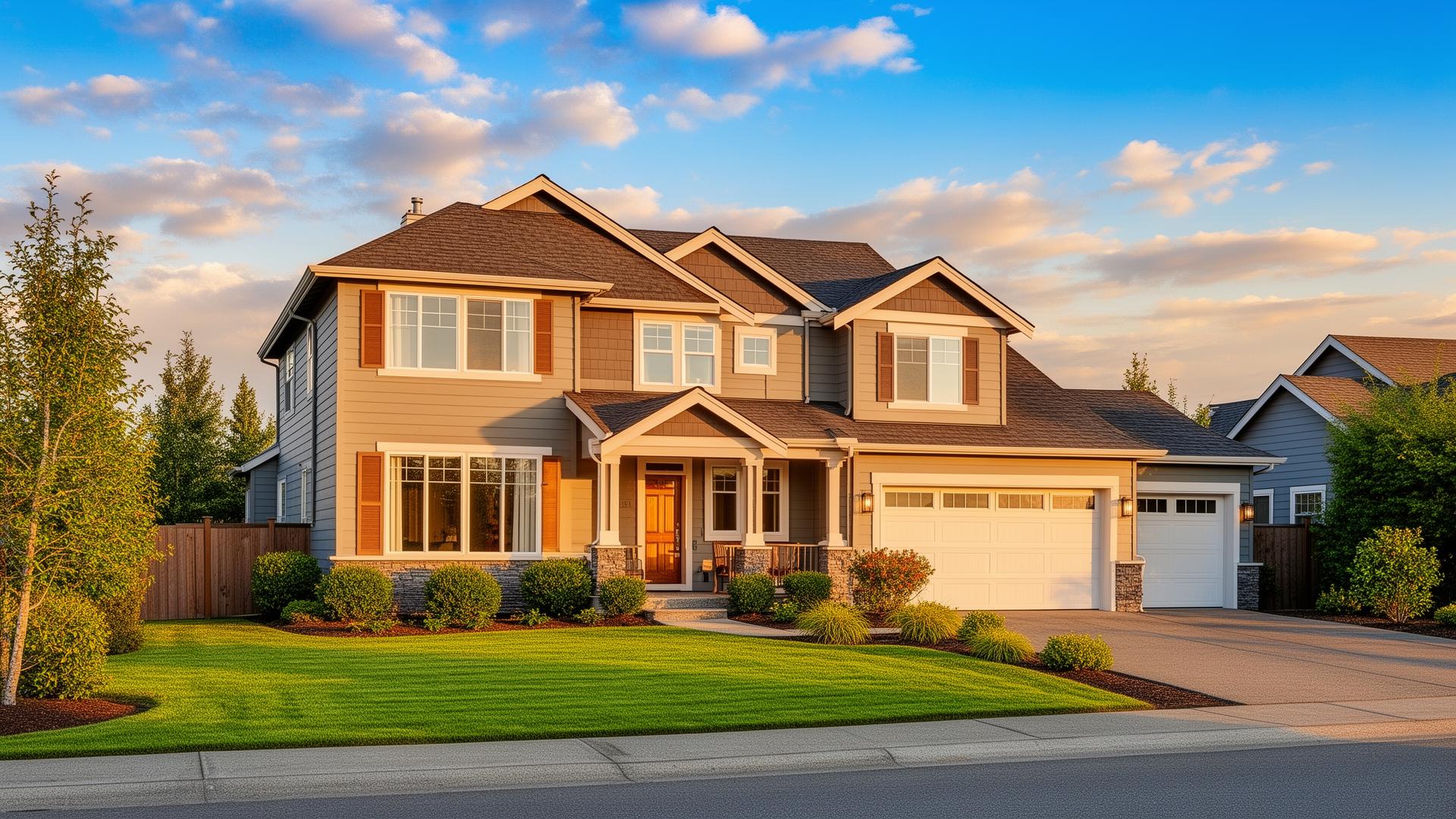 Bright, clean two-story home in Meridian Idaho with sparkling windows and manicured lawn at golden hour